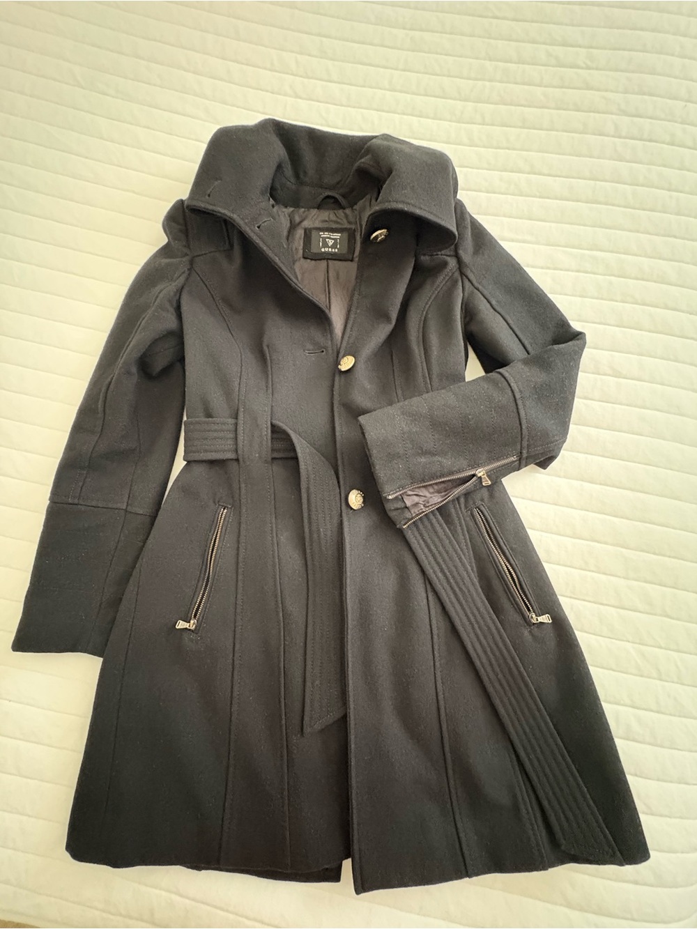 GUESS Black Belted Wool-Blend Trench Coat